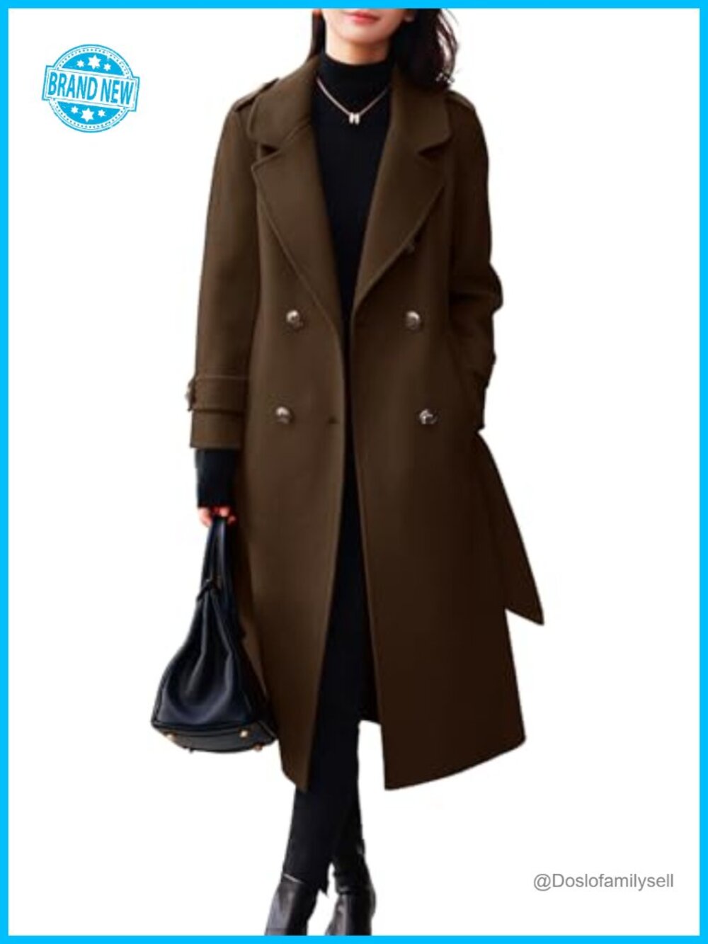 Belted Wool Pea Coat Double Breasted Midi Long Winter Overcoat